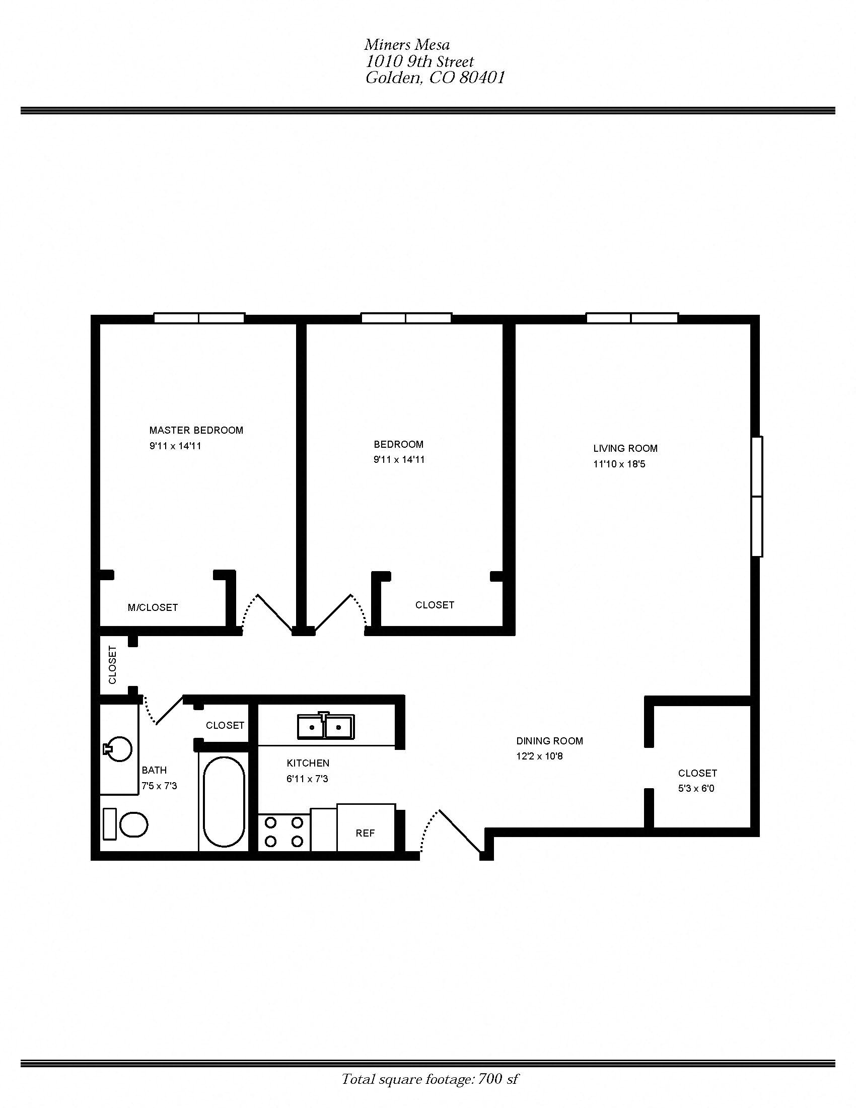 Floor plan for 2 beds, 1 bath, 700 sqft